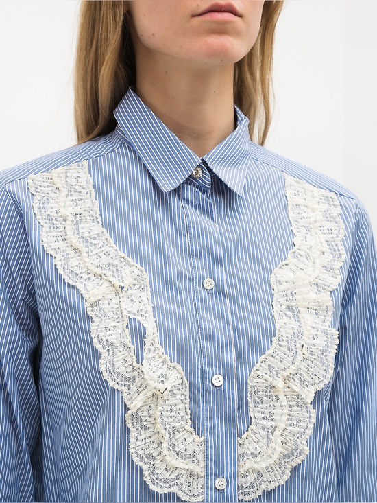 Sandro Pants - Sandro Paris Blue Striped Lace Ruffle Button Up Blouse Size 3 M/L French Classic